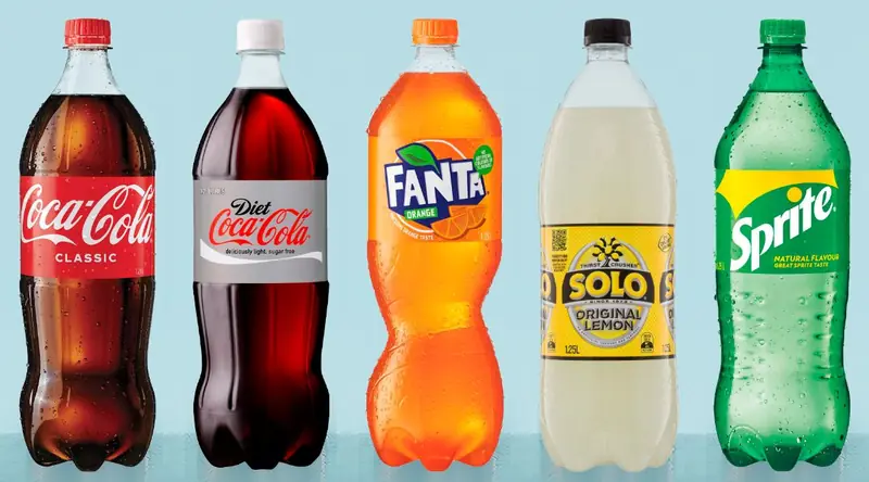 1.25 litre bottles of Coca-Cola, Diet Coke, Fanta, Solo and Sprite in the drinks fridge