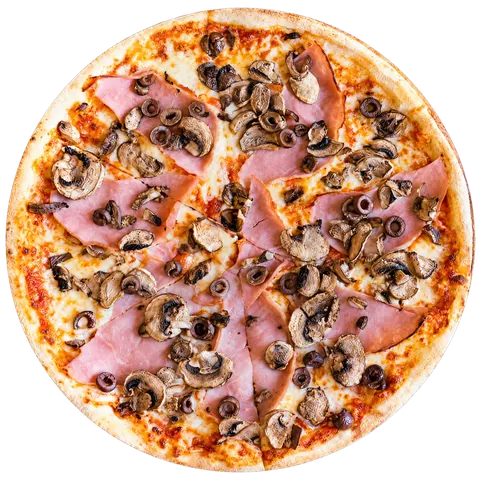 Capri pizza: tomato sauce, mozzarella, ham, mushroom and black olives
