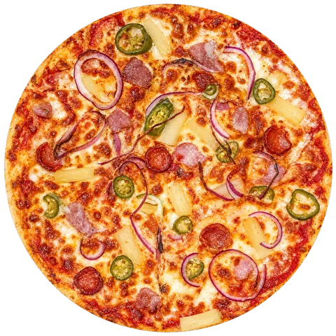 Spicy Cholo pizza: spicy tomato sauce, mozzarella, jalapeños, chorizo, pork sausage, onion and chipotle sauce (optional)