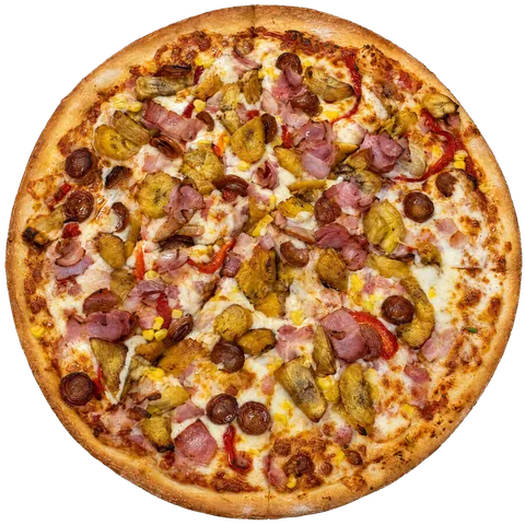 Colombiana pizza: tomato sauce, mozzarella, corn, bacon, chorizo, plantain and stuffed crust with guava paste
