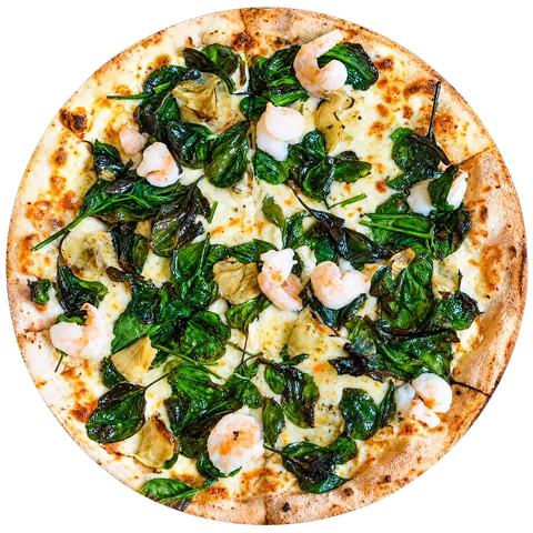 Garlic Prawns pizza: garlic, mozzarella, prawns and artichokes