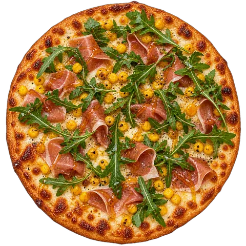 La Pizza Bella's Honey Prosciutto pizza with prosciutto, corn and rocket
