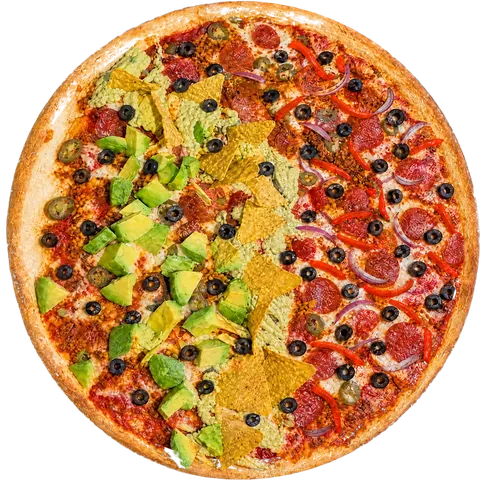 Mexicana pizza: spicy tomato sauce, mozzarella, jalapeños, nachos on top and guacamole sauce (optional)