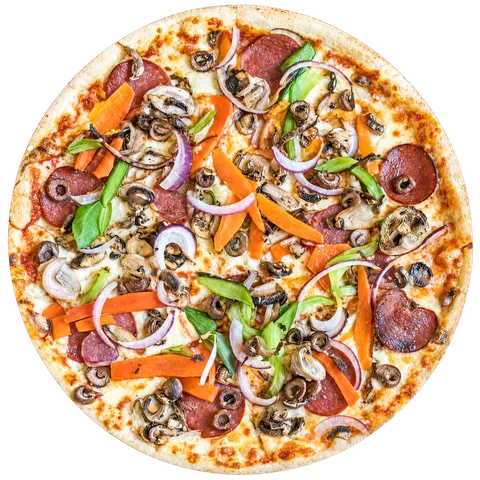 Supreme pizza: tomato sauce, mozzarella, onion, capsicum, mushroom, olives and pepperoni